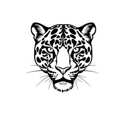 A stylized profile of a jaguar's face, rendered with intricate details entirely in solid black color against a stark white background