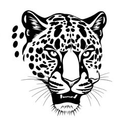 A stylized profile of a jaguar's face, rendered with intricate details entirely in solid black color against a stark white background