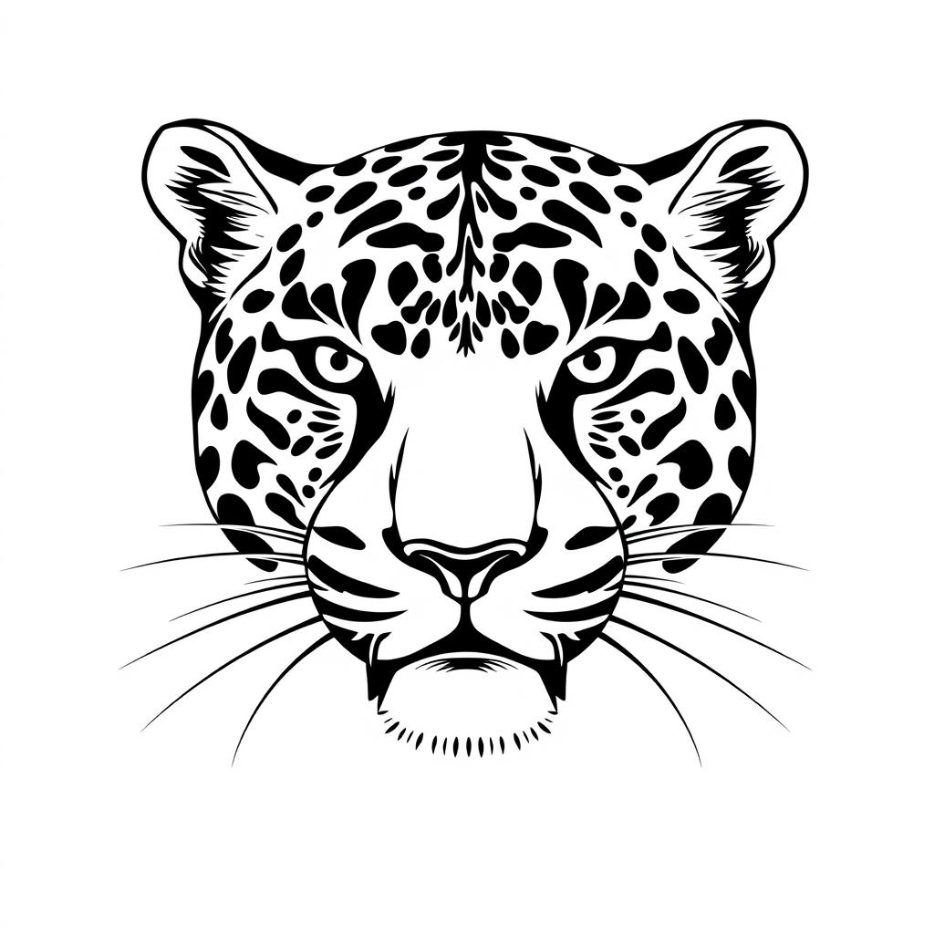 A stylized profile of a jaguar's face, rendered with intricate details entirely in solid black color against a stark white background