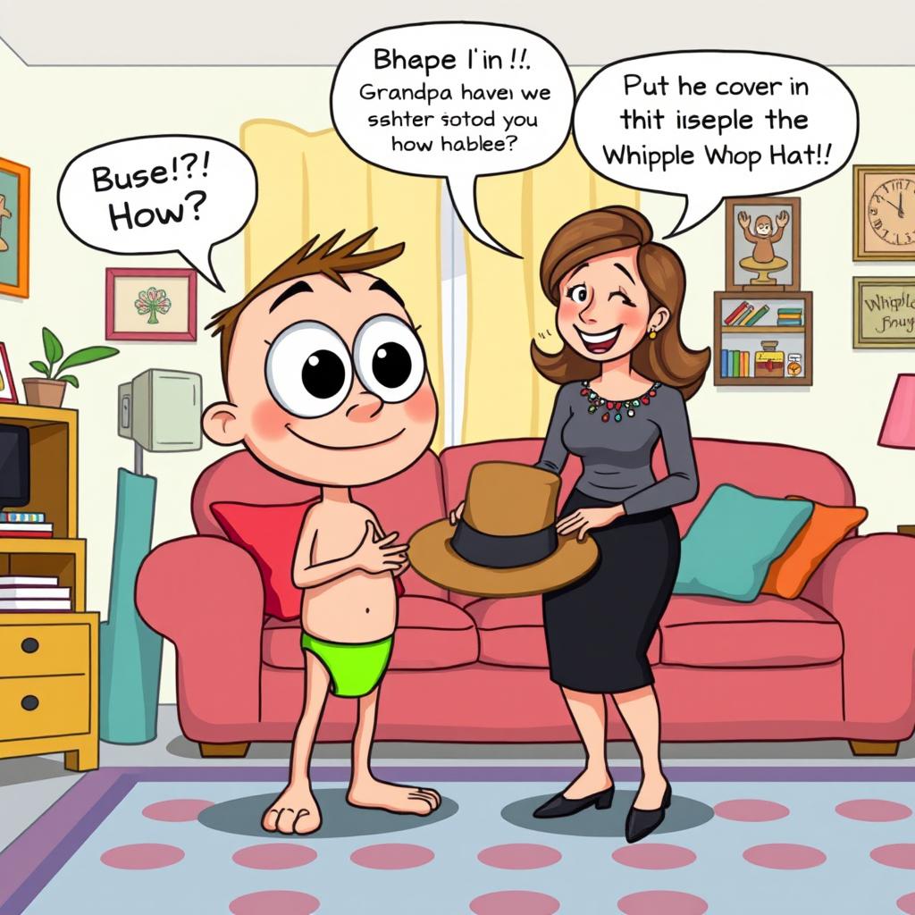 A whimsical cartoon illustration of Buster, the big-eyed boy, interacting with his mom in their home