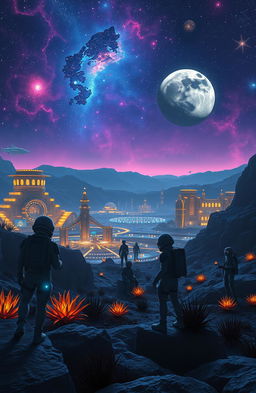 A breathtaking scene of a futuristic lunar landscape, featuring a glowing, detailed city under a vibrant night sky filled with stars and nebulas