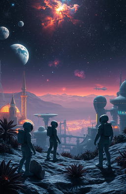 A breathtaking scene of a futuristic lunar landscape, featuring a glowing, detailed city under a vibrant night sky filled with stars and nebulas