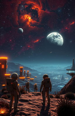 A breathtaking scene of a futuristic lunar landscape, featuring a glowing, detailed city under a vibrant night sky filled with stars and nebulas