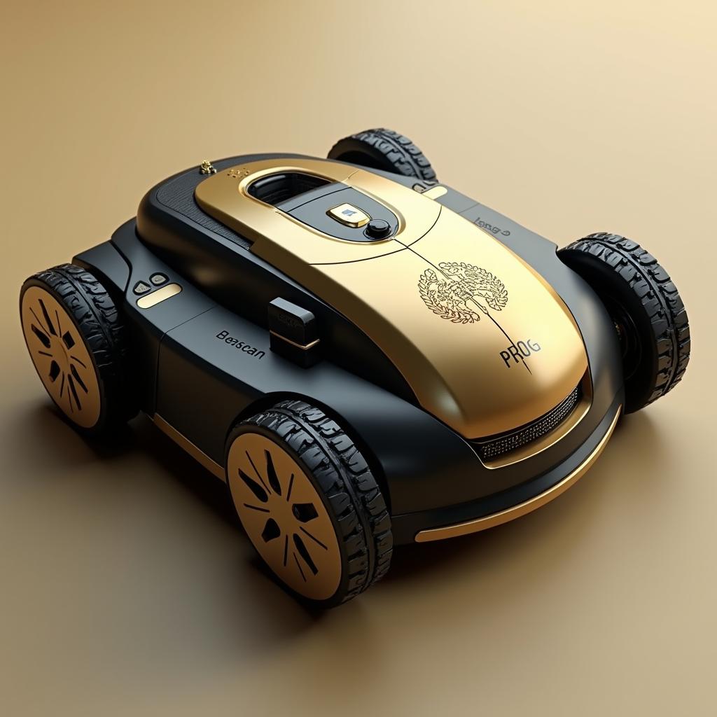 A visually striking 3D model of a robotic lawn mower designed in elegant gold and black colors, prominently featuring the word 'PROG' alongside an intricate symbol of an English Cocker Spaniel