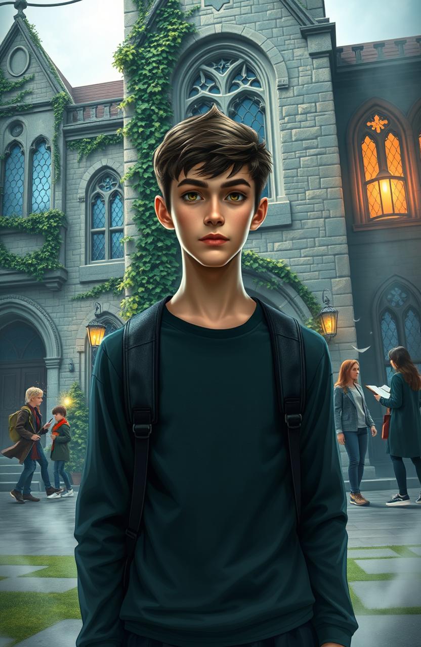 A mystical yet modern school scene depicting Silver Oak Academy, where supernatural elements blend seamlessly with an inspiring educational environment