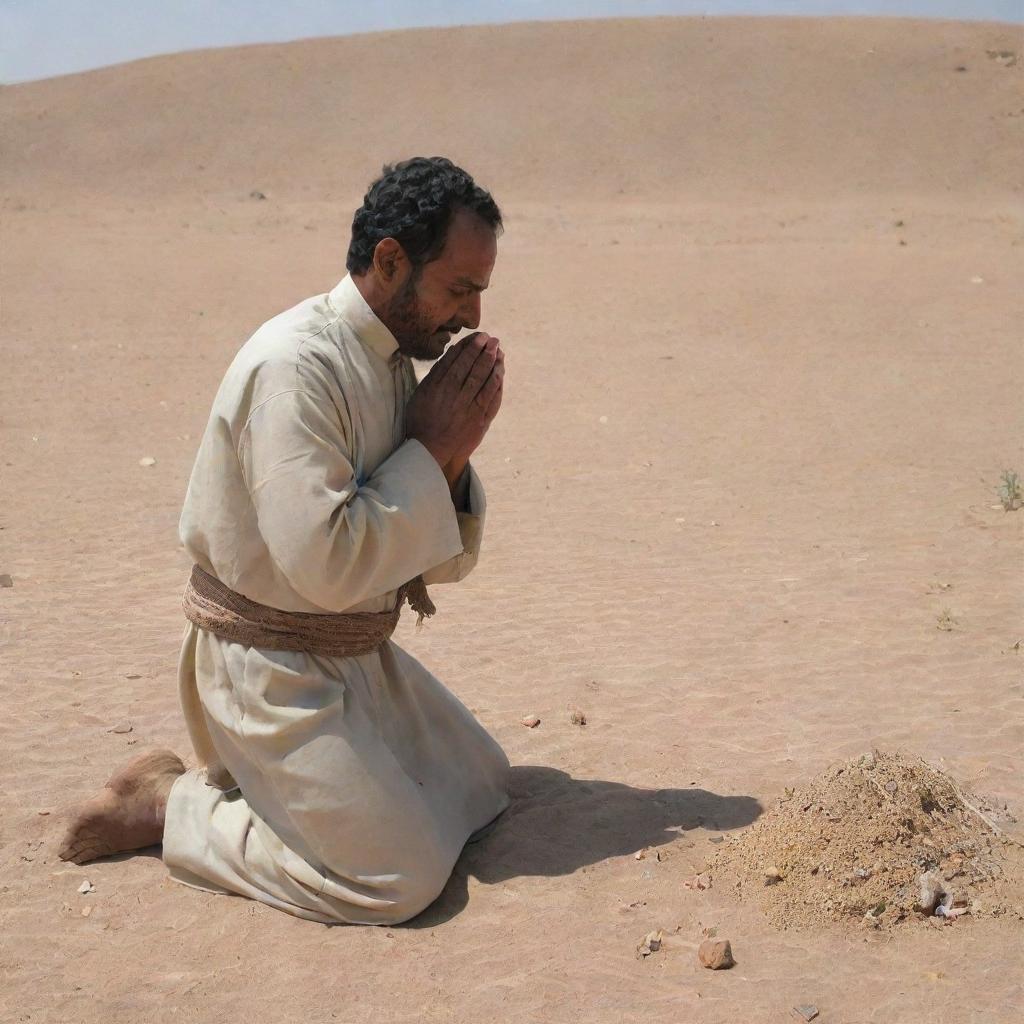 Further to the previous scenario, the shepherd is now shown in the act of performing Dhuhr prayer. His figure is captured in the arid landscape, praying devotedly amidst the crisis.