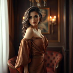 A beautiful, elegant woman standing confidently in a luxurious setting, with soft, warm lighting highlighting her features