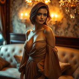 A beautiful, elegant woman standing confidently in a luxurious setting, with soft, warm lighting highlighting her features