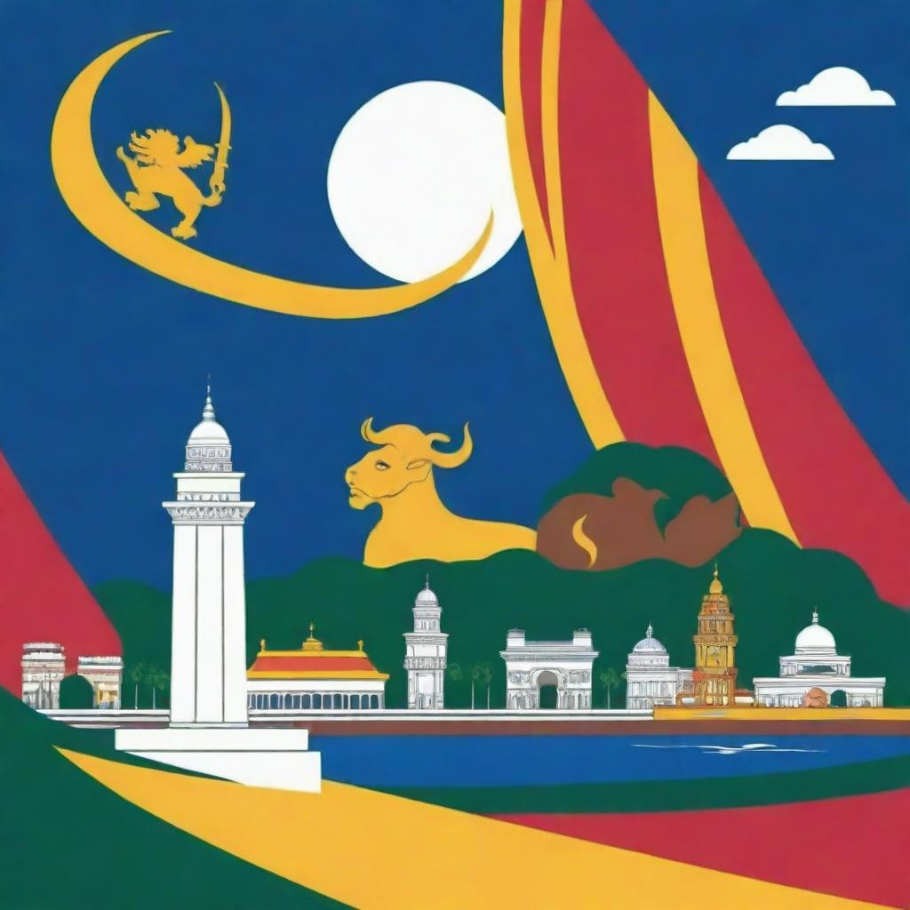 Create an image symbolizing Sri Lanka's Independence Day with a mix of professionalism and creativity. Incorporate elements like the national flag, prominent landmarks, and cultural icons.