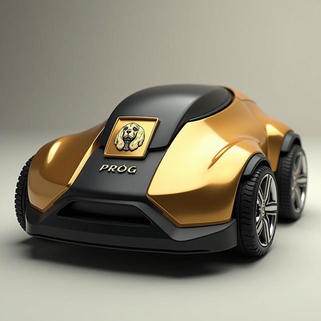 A striking 3D design of a gold and black robotic lawn mower (robô corta-relva) proudly displaying the word 'PROG'