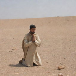 Further to the previous scenario, the shepherd is now shown in the act of performing Dhuhr prayer. His figure is captured in the arid landscape, praying devotedly amidst the crisis.