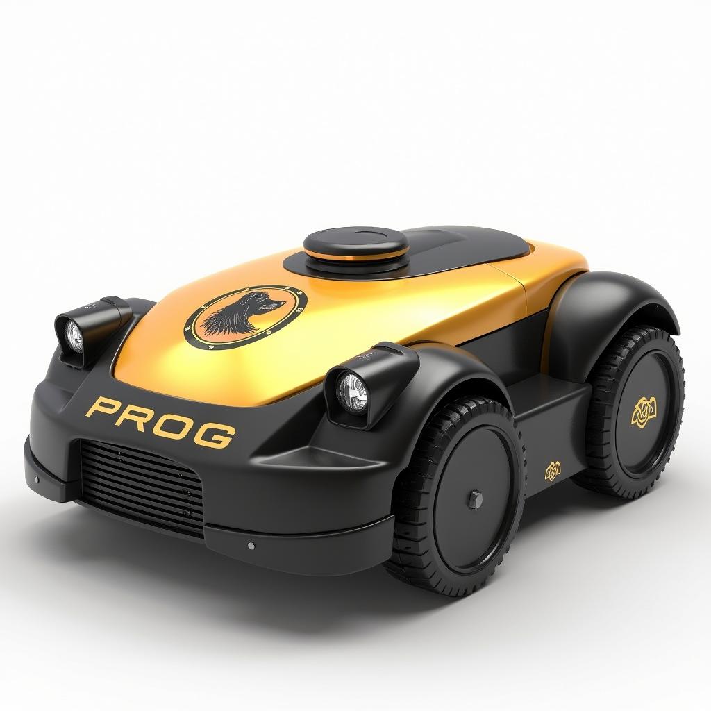 A striking 3D render of a robot lawn mower in an elegant gold and black color scheme, prominently displaying the word 'PROG'