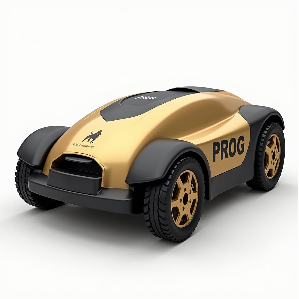 A stunning 3D representation of a battery-powered robotic lawn mower, featuring an elegant gold and black design