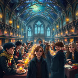 A magical scene inspired by the Harry Potter universe depicting a lively group of young wizards and witches at Hogwarts School of Witchcraft and Wizardry