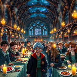 A magical scene inspired by the Harry Potter universe depicting a lively group of young wizards and witches at Hogwarts School of Witchcraft and Wizardry