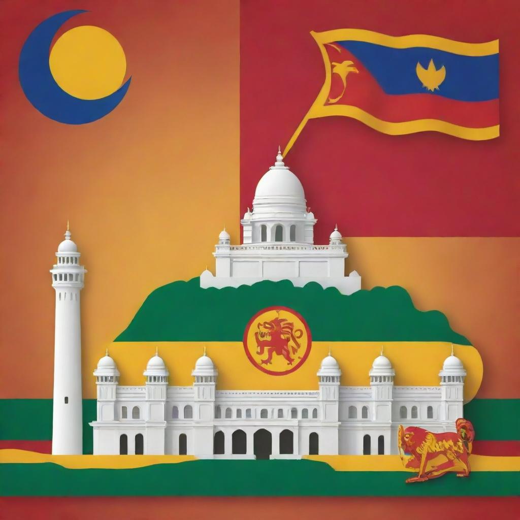 Create an image symbolizing Sri Lanka's Independence Day with a mix of professionalism and creativity. Incorporate elements like the national flag, prominent landmarks, and cultural icons.