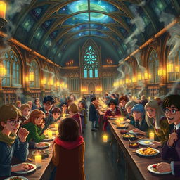 A magical scene inspired by the Harry Potter universe depicting a lively group of young wizards and witches at Hogwarts School of Witchcraft and Wizardry