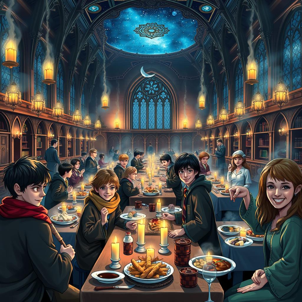 A magical scene inspired by the Harry Potter universe depicting a lively group of young wizards and witches at Hogwarts School of Witchcraft and Wizardry