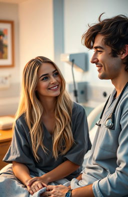 A romantic scene in a hospital setting where a caring doctor and his charming patient share an intimate moment