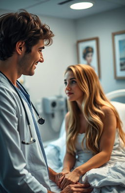 A romantic scene in a hospital setting where a caring doctor and his charming patient share an intimate moment