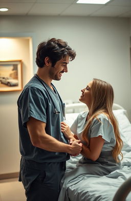 A romantic scene in a hospital setting where a caring doctor and his charming patient share an intimate moment