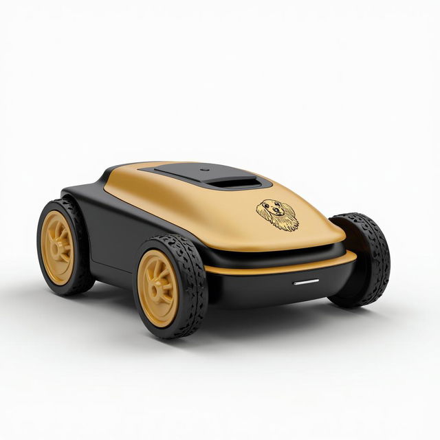 A futuristic 3D rendering of a battery-operated robotic lawn mower in striking gold and black colors