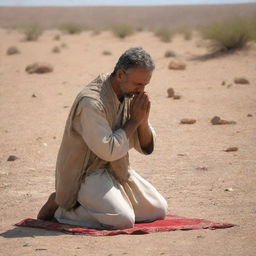 Further to the previous scenario, the shepherd is now shown in the act of performing Dhuhr prayer. His figure is captured in the arid landscape, praying devotedly amidst the crisis.