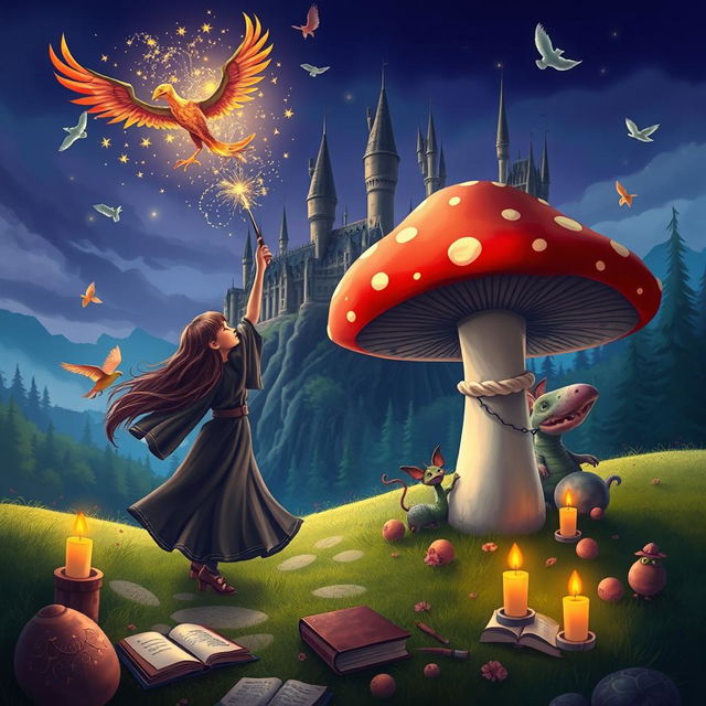 A whimsical and enchanting Harry Potter-inspired fantasy scene showcasing a magical landscape