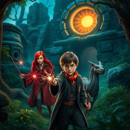 An adventurous scene inspired by the Harry Potter universe, showcasing a thrilling moment in a magical quest