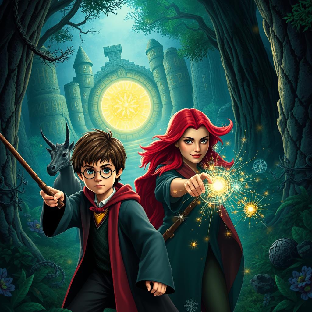 An adventurous scene inspired by the Harry Potter universe, showcasing a thrilling moment in a magical quest