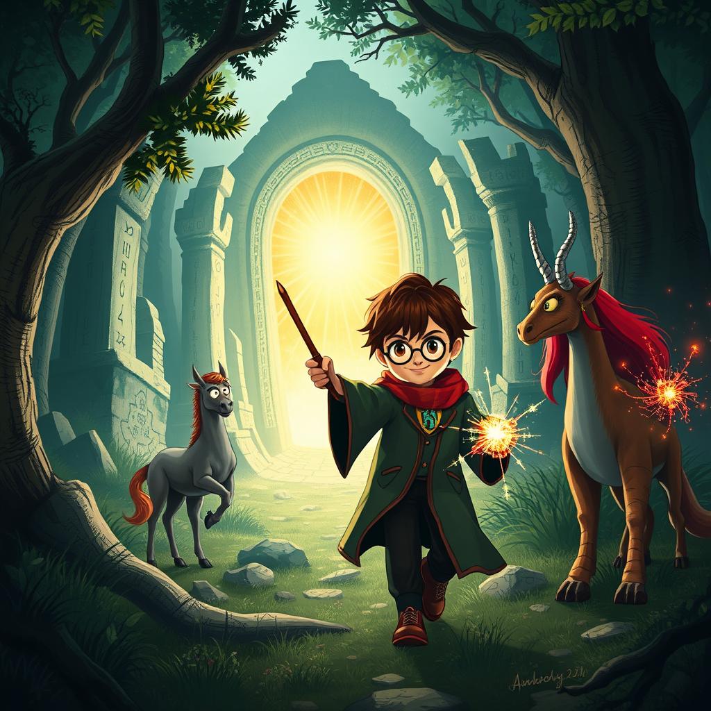 An adventurous scene inspired by the Harry Potter universe, showcasing a thrilling moment in a magical quest