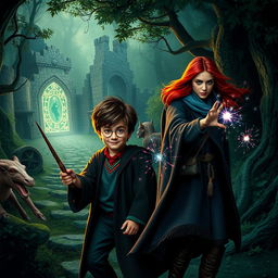 An adventurous scene inspired by the Harry Potter universe, showcasing a thrilling moment in a magical quest