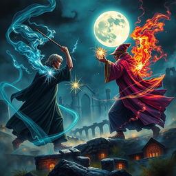 A mature-themed artwork inspired by the Harry Potter universe, depicting a magical duel under a dramatic night sky