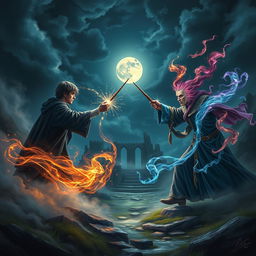A mature-themed artwork inspired by the Harry Potter universe, depicting a magical duel under a dramatic night sky