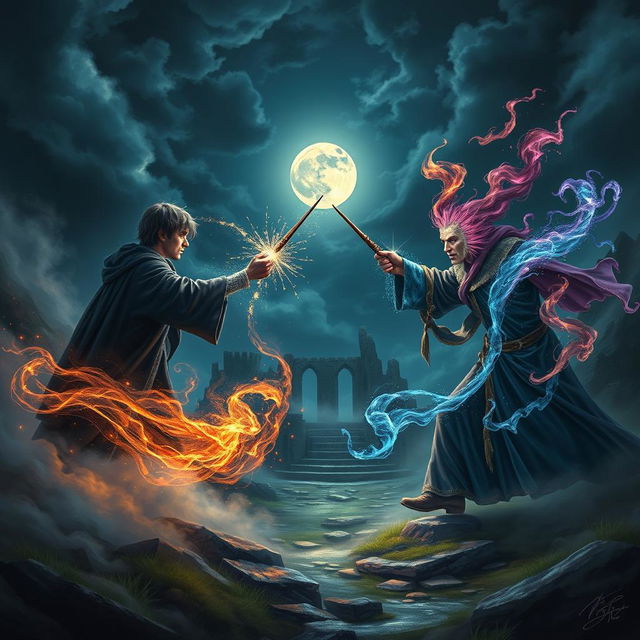 A mature-themed artwork inspired by the Harry Potter universe, depicting a magical duel under a dramatic night sky