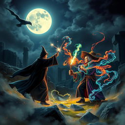 A mature-themed artwork inspired by the Harry Potter universe, depicting a magical duel under a dramatic night sky