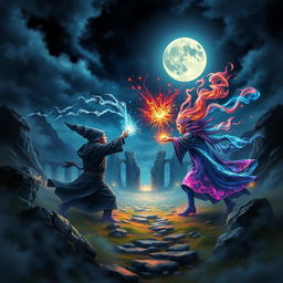 A mature-themed artwork inspired by the Harry Potter universe, depicting a magical duel under a dramatic night sky