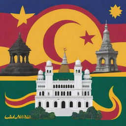 Create an image symbolizing Sri Lanka's Independence Day with a mix of professionalism and creativity. Incorporate elements like the national flag, prominent landmarks, and cultural icons.