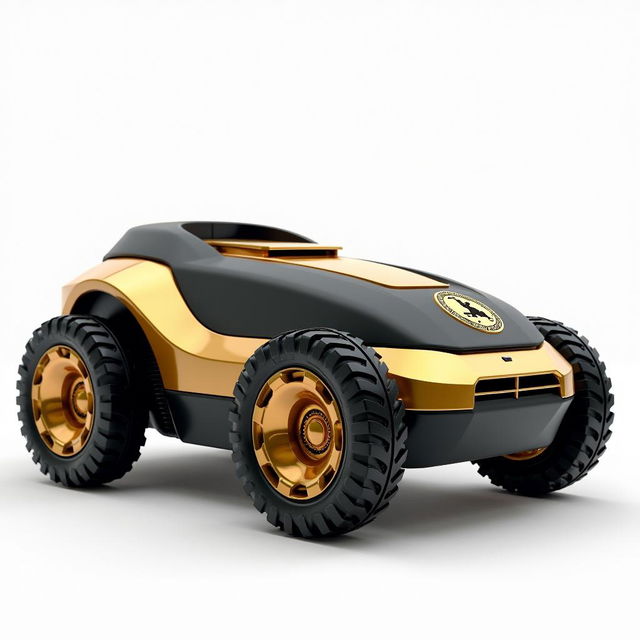 A modern 3D battery-powered robotic lawn mower in striking gold and black colors, featuring black tires and a gold wheel