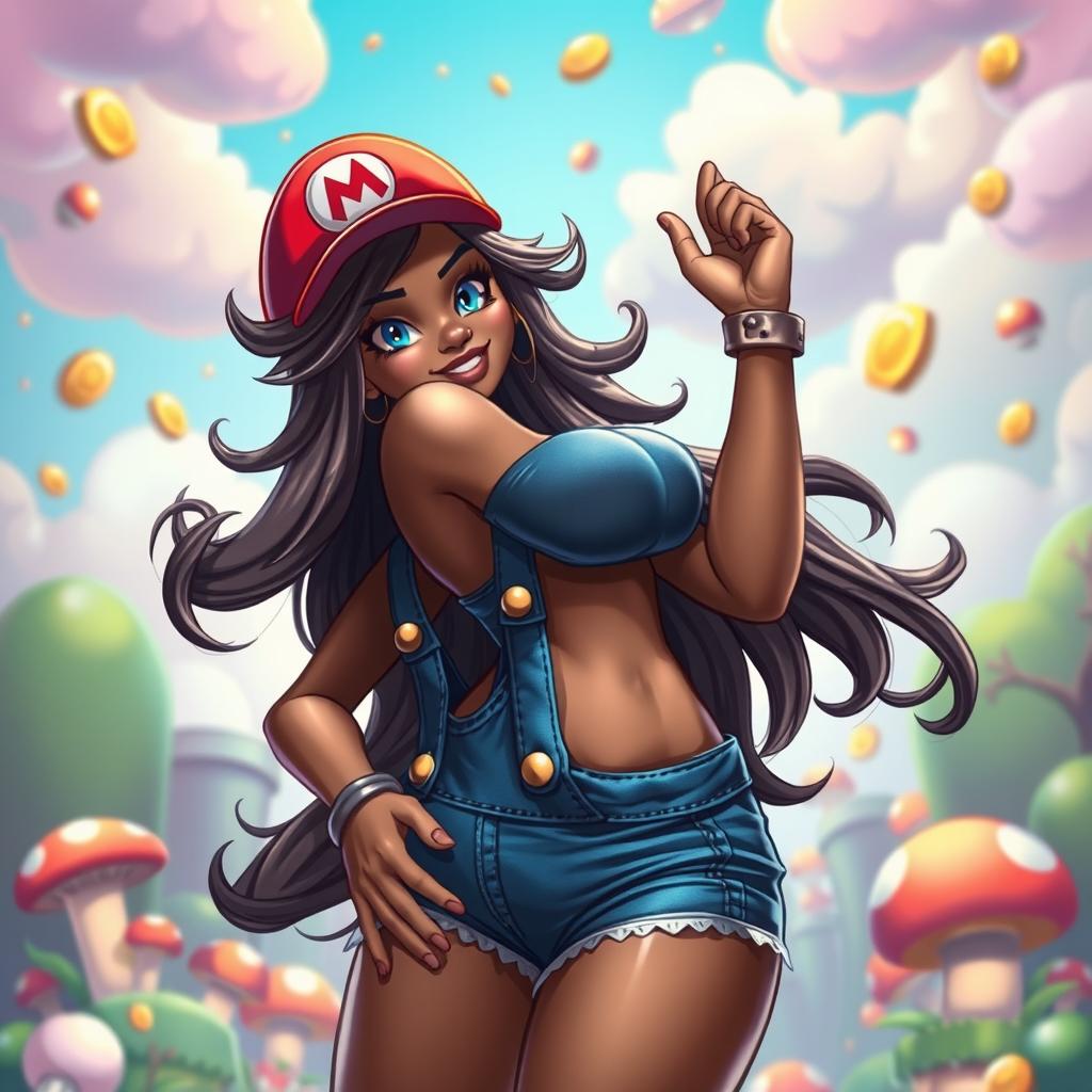 A giant female character inspired by Super Mario, with a curvy hourglass figure and a strikingly fine physique