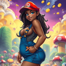 A giant female character inspired by Super Mario, with a curvy hourglass figure and a strikingly fine physique