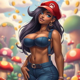 A giant female character inspired by Super Mario, with a curvy hourglass figure and a strikingly fine physique