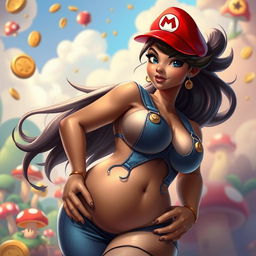 A giant female character inspired by Super Mario, with a curvy hourglass figure and a strikingly fine physique