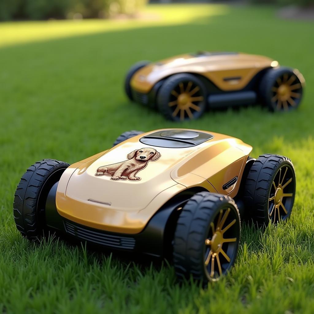 A modern battery-powered robotic lawn mower, designed in a sleek combination of gold and black colors, featuring black wheels and striking gold rims