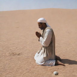 Further to the previous scenario, the shepherd is now shown in the act of performing Dhuhr prayer. His figure is captured in the arid landscape, praying devotedly amidst the crisis.