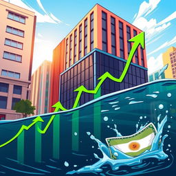 A vibrant, dynamic illustration representing the surge of Argentinian stock prices and the depreciation of the dollar
