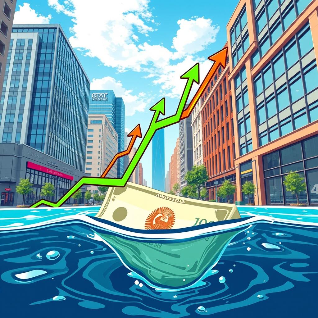 A vibrant, dynamic illustration representing the surge of Argentinian stock prices and the depreciation of the dollar