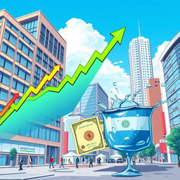 A vibrant, dynamic illustration representing the surge of Argentinian stock prices and the depreciation of the dollar