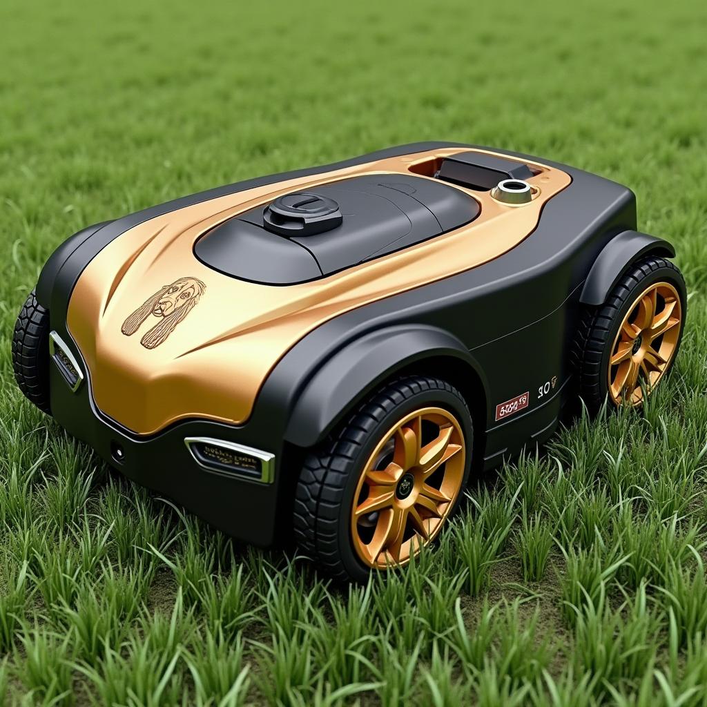 A modern battery-operated robotic lawn mower in an eye-catching combination of gold and black