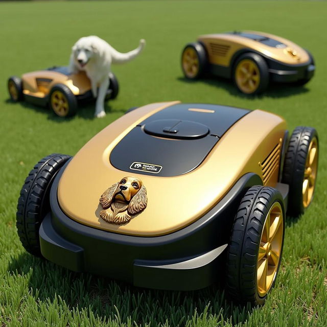 A dynamic image featuring a modern gold and black battery-powered robotic lawn mower, equipped with black tires and a golden wheel
